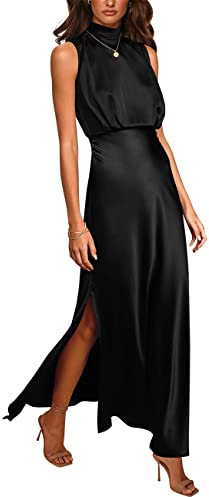 KOEMCY Vestito Senza Maniche Donna Elegante Abito Collo Alto Lungo Vestiti Eleganti da Cerimonia Cocktail Formale Spacco Laterale Satinato Abito da Sera Matrimonio Festa