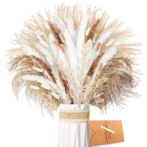 ZJTAPE Pampasgras Getrocknet - 83 Stück Natürliche Trockenblumen, Getrockneten Blumen Lagurus Deko, Trockenblumenstrauß Dried Flowers für Hochzeit Wohnzimmer Vasen Boho Home Party Dekor