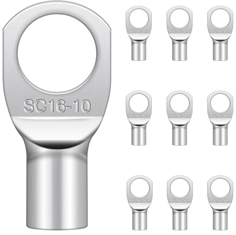 Hanibos Cable Lugs M10, Tinned Copper 16mm² Ring Crimp Terminals 10 Pcs | SC16-10 Uninsulated Tube Battery Cable Ends for Auto Batteries, Electrical Wiring and Distribution Boxes