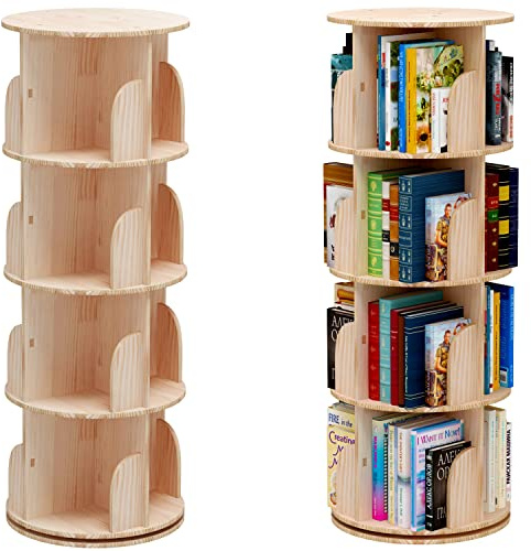 PTUWODS Rotating 360° Hexagonal Children's Bookcase - Tall Floor Standing Corner Book Shelf Storage Rack for Home Living Room Office (4 Tier)