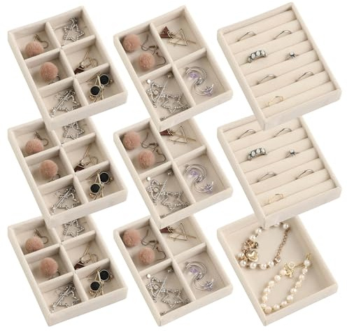 Frebeauty Lot de 9 petits plateaux à bijoux, plateau de rangement empilable en velours, mini boîtes à bijoux et organisateur pour inserts de tiroir, organisateur de boucles d'oreilles pour femmes et