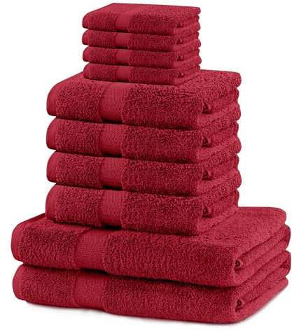 DecoKing 10er Set Baumwolle Qualität 525g/m² 4 Gästehandtücher 30x50 cm 4 Handtücher 50x100 cm und 2 Badetücher 70x140 cm dunkelrot weinrot rot saugfähig Marina