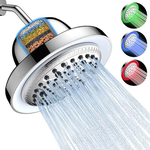 Fixed Shower Head Filter with LED Color Changing, FEELSO 7 Modes High Pressure Water Saving Rainfall Shower Head 6.2 inch