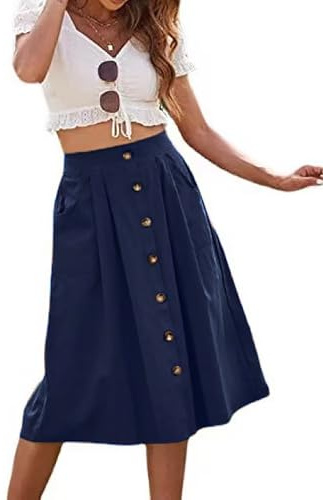Basicspace Jupe mi-longue décontractée pour femme à couleur unie légèrement plissée coupe trapèze avec poche et bouton, bleu, M