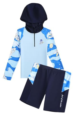 Hotfiary Zweiteiliges Schwimmset für Jungen, Kleinkind Schwimmkostüm, Langarm 1/4 Zip Up Hoodie Rash Guard Shirt & Swim Short Set, Jugend Teen Sonnenschutz Schwimmshirt &Trunks Sommer Strandbekleidung