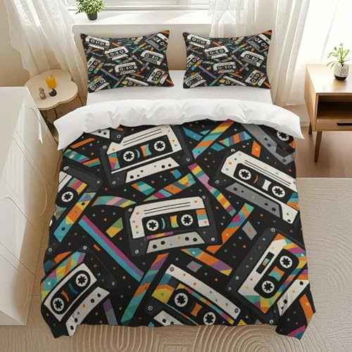 SANTOZORY Cassette Tape Pattern Bedding Comforter Sets Bedding Set 3 Pieces (1 Duvet Cover 2 Pillowcases) with Zipper Closure Lightweight