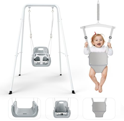 4-in-1 Toddler Swing, Kids Swing Set with Baby Jumper for 6m to 6y, Premium Detachable Comfort Seat, Adjustable Height, Indoor/Garden/Outdoor (White)