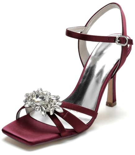 Gycdwjh 9.5cm Chaussures De Mariée Blanches Peep Toe avec Strass Slingback en Satin Haut Talons Pompes Satinée Bout Carré Lacets Sandales,Burgundy,43 EU