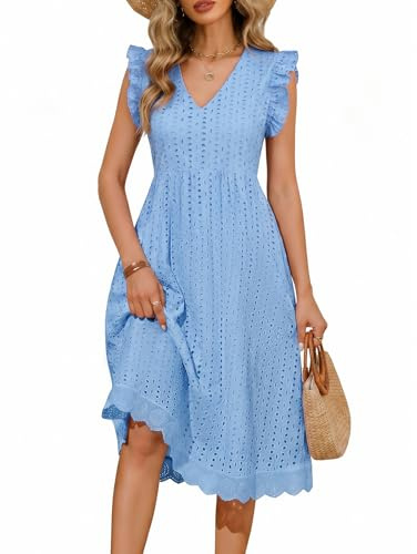 PASUDA Robe Longue Femme Été Chic et Elegant Coton Robes Col en V Taille Haute Boheme Robe sans Manches à Volants A-Line Robe de Plage Décontracté avec Poches