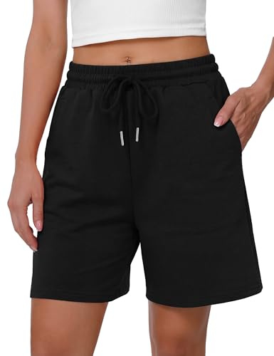 Litherday Running Shorts Women High Waist Cotton Bermuda Training Lounge Loose for Gym Running Fitness Yoga Athletic Shopping Knee Length Jogging with Pockets (Black, S)