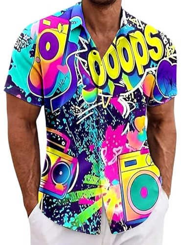 Chemise hawaïenne pour homme - Multicolore - Graffiti - Style années 80 - 90 - Manches courtes - Style vintage - Fluo - Pour la plage - Costume hippie - Coupe droite - Chemise légère pour l'extérieur