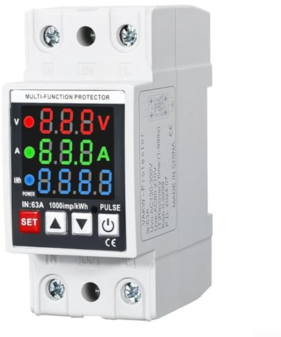 Misuratore di energia regolabile con protezione da sovratensione | Monitor su guida DIN 63A 130-300V per casa, ufficio, hotel, guscio in PC ignifugo | autoresettante con