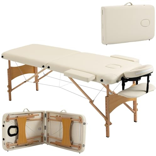 HOMCOM Portable Massage Bed, Folding Spa Beauty Massage Table with 2 Sections, Carry Bag and Wooden Frame, Cream White