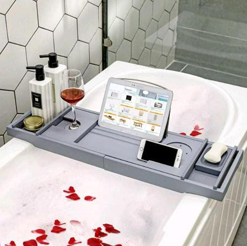 HUOLE Plateau de Bain en Bambou de Qualité Supérieure - Étagère de Rangement Rétractable en Bambou pour Salle de Bain,Plateau de Baignoire,Verres à vin, Livres, téléphones Mobiles, tablettes, etc.