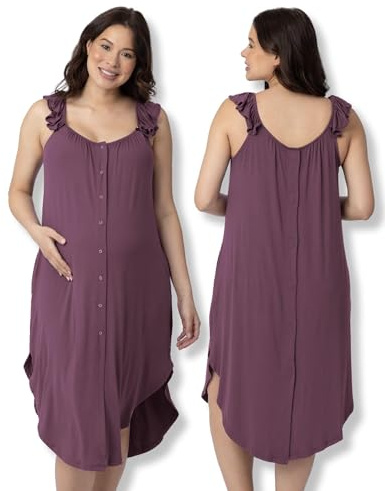 Kindred Bravely Labor and Delivery Gown, 3 in 1 Hospital Gowns for Women Labor Delivery, Ruffle Straps (Burgundy Plum, Medium/Large)