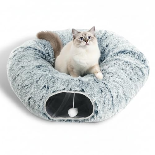AUOON Plush Cat Tunnel Bed for Indoor Cats, 36 L x 36 W x 11.5 H, Gray