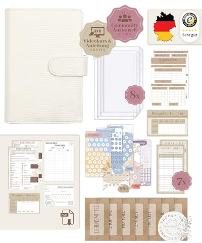 BeginnerBudget® Budget Planner Deutsch - Starterset mit Sparchallenge Budgetplaner - Sparen mit Umschlagmethode + Anleitung - Ringbuch A6 - Binder A6 Gecko-Style (Weiß)