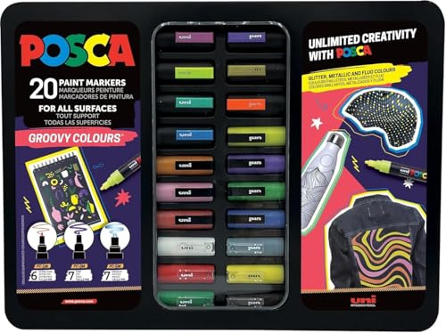 Posca uni-ball Caja metálica de 20 rotuladores Groovy Colours 1MC/3M/5M,colores surtidos