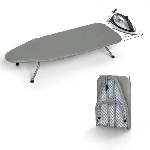 RAINHOL - Tabla de planchar plegable de metal con soporte de plancha, tabla de planchar portátil pequeña con cubierta de algodón resistente al calor, mini tabla de planchar para espacios pequeños y