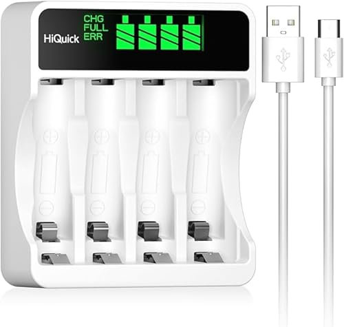 HiQuick LCD Fast Rechargeable Battery Charger, 4 Slots Charger Batteries for 1-4 AA AAA Ni-MH Rechargeable Batteries Type-C Port and Micro-USB