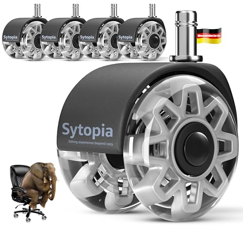 Sytopia Juego de 5 sillas de oficina con ruedas, 11 x 22 mm, grandes ruedas de goma para alfombras, suelos duros, parqué, perfectas para sillas (gris)