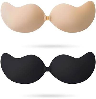 YREYBN 3 Pcs Adhesive Bra, Sticky Bra, Stick on Bra, Reusable Backless Strapless Sticky Adhesive Bra, Strapless Push Up Bra for Party Wedding Evening Dress Beach, Size C, 2 Skin Color and 1 Black