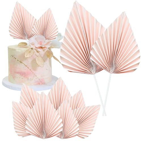 Gyufise 6pcs Paper Palm Fan Cake Toppers - Palm Leaf Fan & Spear Leaf Cupcake Toppers - Cake Insert Decoration for DIY Craft Projects, Home, Wedding & Party Supplies - Pink