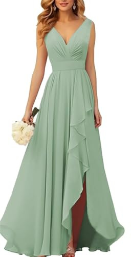 YIANN Robes de demoiselle d’honneur en mousseline à col en V pour femmes avec fente, robe de soirée ruchée en mousseline longue et formelle, vert sauge, 38