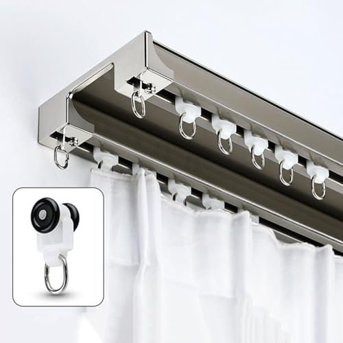 Vorhangschiene mit stummen Rollen 2-läufig vorgebohrt Gardinenschiene aus Aluminium Vorhangschiene Deckenbefestigung Deckenvorhangschiene für Vorhänge Fenster Balkon Büros Hotels Kliniken(Champagne,1.