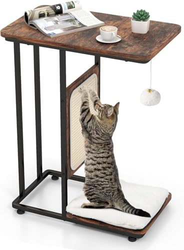 FANTASK Mesa Auxiliar 4 en 1 con rascador de sisal para Gatos, con cojín y Bola extraíbles, Tablas para rascar Estilo Muebles para Gatos