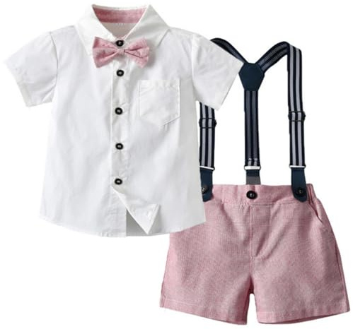 Yaopelky Niño Trajes de Caballero de Verano Niño Camisa de Manga Corta con Pajarita Tirantes Pantalones Cortos Traje 1-8 Años