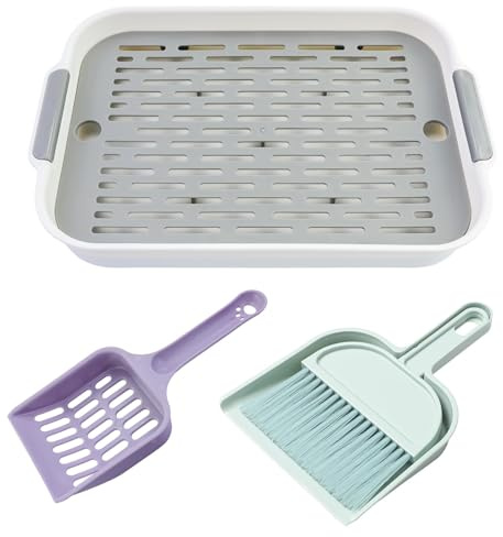 Bac à litière pour lapin, bac à litière pour petits animaux, bac en plastique réutilisable, avec pelle en plastique, petite pelle à poussière et petit balai, pour lapin, chaton, cochon d'Inde (blanc)