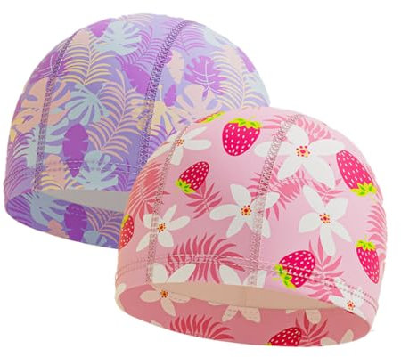 KEQAR Badekappe für Kinder mit langen Haaren, Badekappe für Jungen und Mädchen von 5 bis 12 Jahren, 3D elastische bequeme Badekappe, florale Stoffkappe.