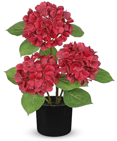 Hollyone Konstgjord hortensia i kruka, röda hortensior konstgjorda blommor dekoration blomma med kruka silkesblomma för hem badrum kontor bordsdekoration