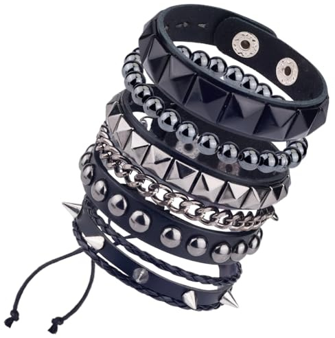 GORGECRAFT 4 Pulsera de Cuero con Tachuelas Estilo Punk Rock con Cuentas Redondas de Hematita Negra Elástica Cadena Vintage Conjunto de 80 Pulseras Y Diadema Fiesta de Halloween Disfraz de Cosplay