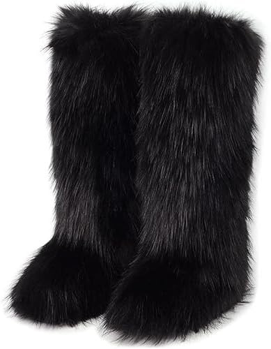 conmfotey Faux Fur Boots for Women Winter Knee High Furry Snow Boots Fuzzy Fluffy for Girls Flat Long Boots(black8)