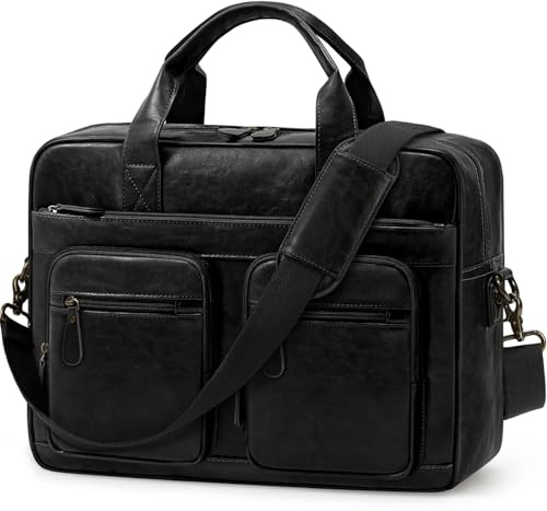 RAINSMORE Messenger Bags for Men Vintage Briefcase PU Leather Laptop Bag 15.6 Inch Satchel Bag for Work Business Office College Trip School Black/Brown/Dark Brown Black