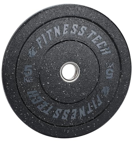 Disco Bumper Plate Hi-Temp Alta Resistencia 5-25 kg | Pesa Caucho Recilado Casquillo de Acero Inoxidable | Discos Pesas para Gym, Gimnasio en casa | Ø50 mm Fitness Tech (5, Kilogramos)
