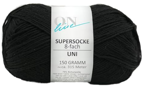 Sockenwolle 8-fädig einfarbig, Online Supersocke 8-fach Uni, dickes Sockengarn zum Stricken und Häkeln (8010 schwarz)