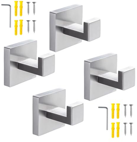 zzmikiteck Gancho para Toallas y Batas, Perchero de Esponjas de Acero Inoxidable SUS 304 para Baño y Cocina (gancho cuadrado plateado, paquete de 4)