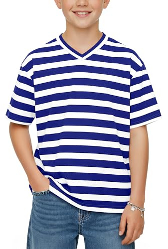 LessonZoo Boys Striped Shirts Oversized Short Sleeve V Neck Kids Youth 5-14 Years Summer Basic Tee Top(Blue/White,9-10 Years)