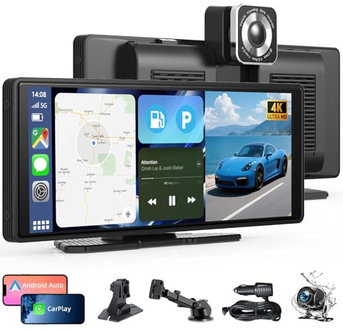 10.26 Pantalla Carplay Coche para Apple CarPlay & Android Auto, Táctil Pantalla con 4K Dash Cam / 1080P Cámara Retrovisora, CarPlay Autoradio Pantalla Táctil Soporta Doble WiFi / Video