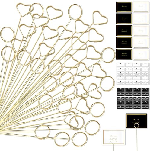 Portacarte Segnaposto con Fiori, 80 Pezzi Clip Numeri da Tavolo con 10 Biglietti d'Auguri e Adesivi, Oro Rotondi Cuore Portafoto Supporti Floreali Carte Foto per Tavolo Matrimonio Festa