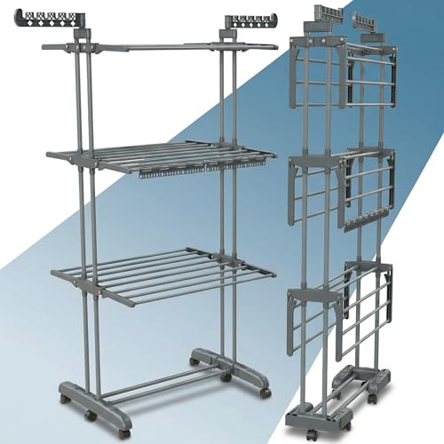 PORTENTUM Stendino verticale salvaspazio pieghevole con 4 livelli e 24 barre di stenditura – Fino a 40 kg – Stendibiancheria con 2 accessori per calzini e 2 ali laterali – Ruote girevoli con freno
