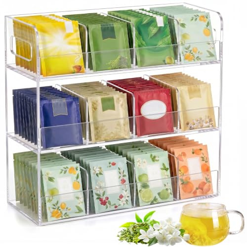 Organizador Infusiones Acrilico con 12 Compartimentos para 216 Bolsitas de Té Bolsas de Té Estante Estación Té Vertical Caja Te Transparente Metacrilato Moderno Porta bolsitas de te No Se Deforma