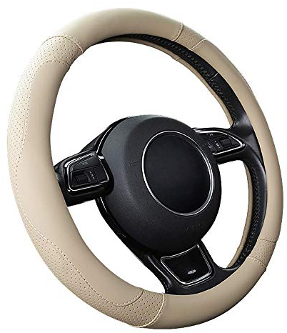 SFONIA Car Steering Wheel Cover Steering Wheel Protector Microfiber Leather Universal 37-38cm / 15 Anti-slip Breathable Durable (Beige colour)