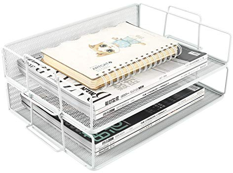 EasyPAG 2 Niveles Metal Malla A4 Bandejas Oficina Apilables Organizador Revistero Almacenamiento Papeles Soporte Archivador Clasificador Documentos Estante Carta,Blanco
