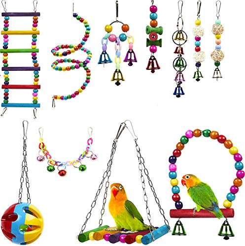 XUTONG 11 Piezas Juguete para Loros, Juguetes para Pájaros Juguete Colgante para Mascotas con Campanas,Columpios,Juguete de Masticación para Pequeños y Medianos Loros de Aves
