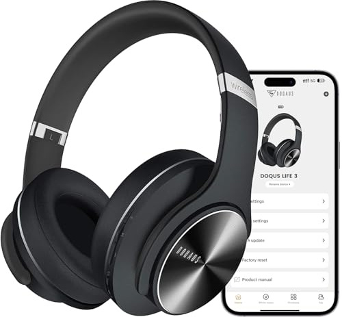 DOQAUS Bluetooth Headphones Over Ear, 90H Playtime Wireless Headphones with App Control, 9 EQ, Deep Bass, HiFi Stereo Sound, Headset for Travel Commute Gym and Study, Foldable Memory Foam