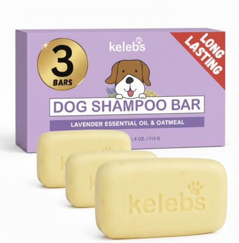 KELEBS Sapone Shampoo Per Cani Anti Prurito, Pulci e Parassiti, Anti Allergie, Cattivo Odore, Calmante e Anti Stress Con Olio Di Lavanda e Farina D’ Avena, No Plastica, 3 Pezzi